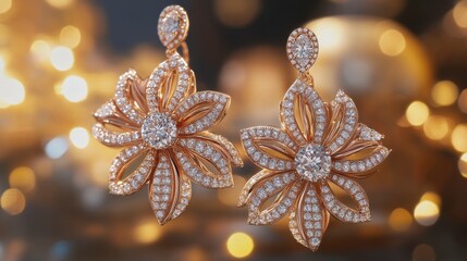Modern chandelier-style diamond earrings, crafted in rose gold, displayed with soft lighting to accentuate their brilliance.