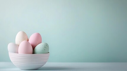 Easter watercolor concept. Pastel colored eggs in a white bowl against a soft, calming background.