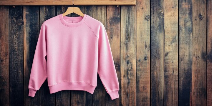 Pink sweatshirt hanging on a wooden background with natural textures showcasing soft pastel color and cozy feel in a stylish mockup setting
