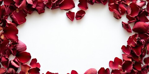 Heart shaped frame of red rose petals on a white background creating ample copy space for Valentine's Day card or love themed decoration