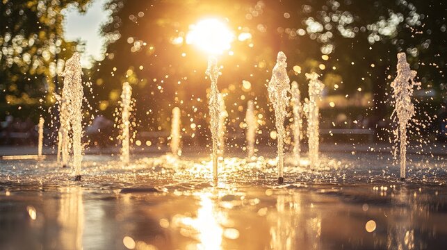 A sparkling splash pad with fountains spraying water under the sun