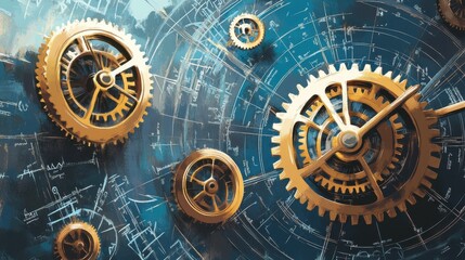 Fototapeta premium Golden Gears Intermeshing on a Blueprint Design