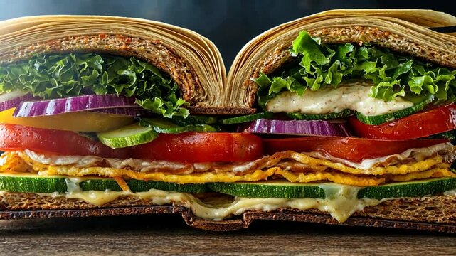 Conceptual image of a sandwich styled as a book; bread mimics covers and layers of lettuce, onion, tomato, and cheese form pages.