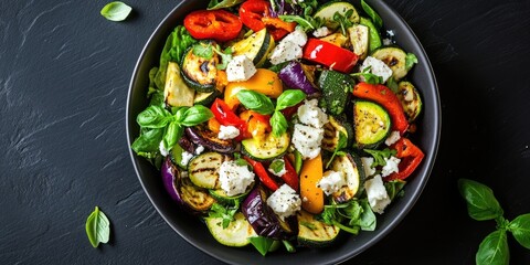 Colorful grilled vegetable salad with zucchini, eggplant, bell peppers, herbs, and feta in a black bowl against a dark backdrop of black boards.