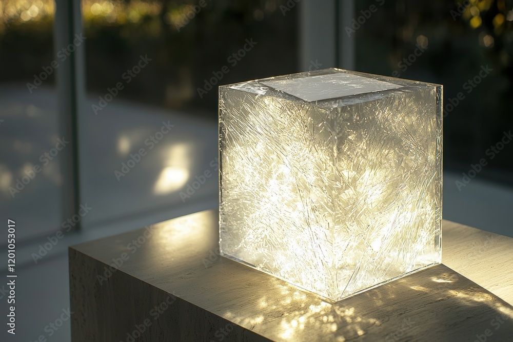 Poster a translucent cube emits a soft glow, surrounded by natural light, creating an ethereal ambiance in 
