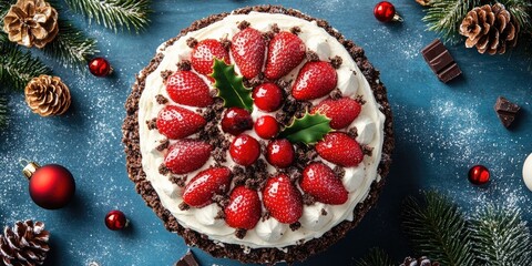 Homemade Christmas cake topped with fresh strawberries and chocolate crumbs on a blue background surrounded by festive elements like fir cones and holly.