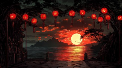 Crimson Sunset Landscape with Hanging Red Lanterns and Silhouetted Trees