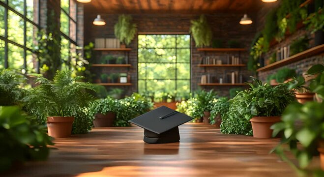 A graduation cap sits among lush plants in a sunlit, rustic interior space.