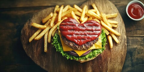 Heart-shaped burger with red ketchup topping on a wooden board, surrounded by golden French fries and a small bowl of ketchup. Romantic food concept.