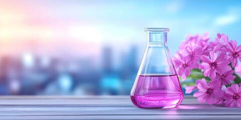 A glass flask containing pink liquid next to vibrant pink flowers, set against a softly blurred background. Concept Glass Flask with Pink Liquid, Vibrant Pink Flowers, Softly Blurred Background