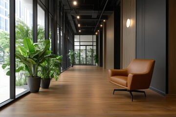 Fototapeta premium Modern hallway with a leather armchair and indoor plants under natural light. Contemporary interior design