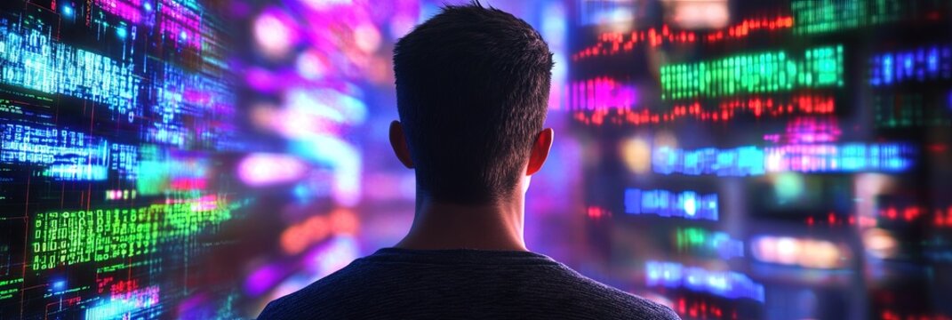 internet concept with man on multiple devices and screens 