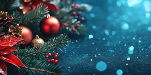 Festive Christmas background with pine branches red ornaments and gold accents on a shimmering blue bokeh backdrop creating a warm holiday atmosphere
