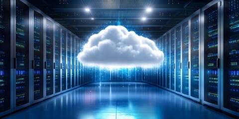 A digital cloud hovering above server racks, symbolizing cloud computing and data storage technology. Concept Cloud Computing, Data Storage, Server Technology, Digital Innovation