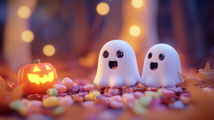 Stickers pack of Halloween holiday kawaii ghost characters with trick or treat sweets. Halloween horror monsters vector personages of kawaii ghosts, phantoms and spirits with candy bucket and lollipop