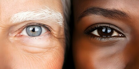 A close-up of two eyes: one belonging to an elderly person with light skin and blue eyes, and the other to a younger person with darker skin and brown eyes. Concept Diverse Eyes