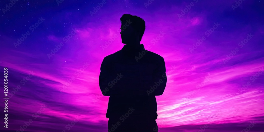 Sticker internet concept with person standing in colorful abstract backgrou nd