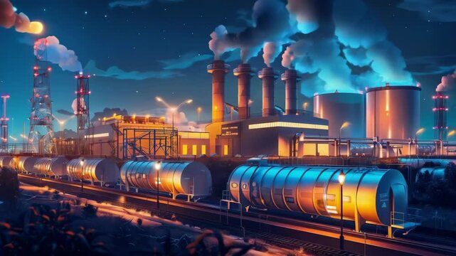 video of A chemical factory featuring an elastomer and thermoplastic production line, equipped with vats for monomer preparation, polymerization, and a steel pipeline system for delivering components