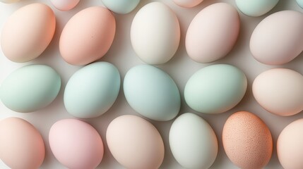 Close-up of pastel-colored Easter eggs arranged in a symmetrical pattern on a white background.
