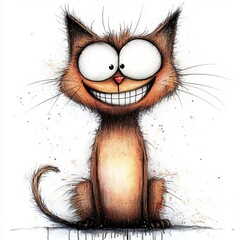 Cartoon style cat with exaggerated features and a big smile in a playful pose