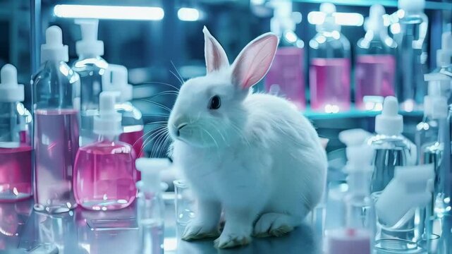 video of Cosmetics test on rabbit animal in laboratory, animal rights