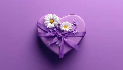 Heart-shaped Gift Box with Daisies and Purple Ribbon