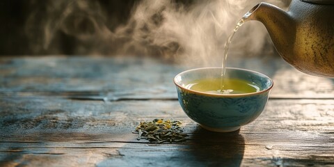 Steam rises from a teapot pouring green tea into a blue bowl on a rustic wooden table with loose tea leaves beside it.