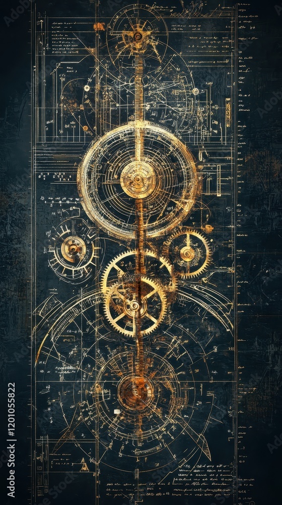 Poster intricate clockwork mechanism blueprint design
