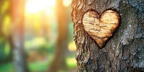 Heart carved into tree bark symbolizing love for nature and environmental protection, warm sunlight filtering through blurred greenery background.