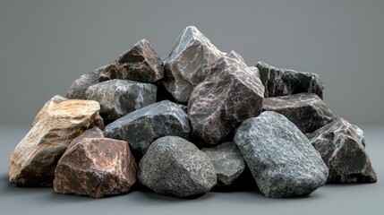 Pile of various sized grey and brown rocks.