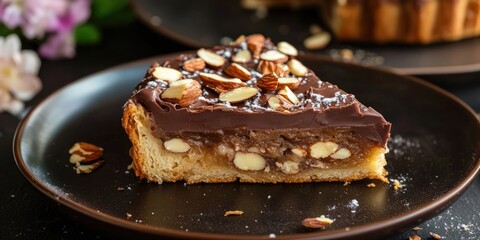Homemade chocolate almond pastry slice on a dark plate with a soft golden crust and delicate floral background featuring vibrant colors.