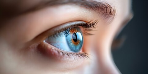 Obraz premium A close-up of a human eye showcasing detailed features, including vibrant colors and intricate eyelashes. Concept Human Eye Macro Photography, Detailed Eye Features, Vibrant Eye Colors