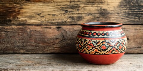 Handcrafted ceramic pot with traditional design in vibrant colors placed on a rustic wooden backdrop with ample space on the left for text