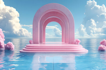 Fototapeta premium Pink archway ocean platform, cloudscape backdrop, product display