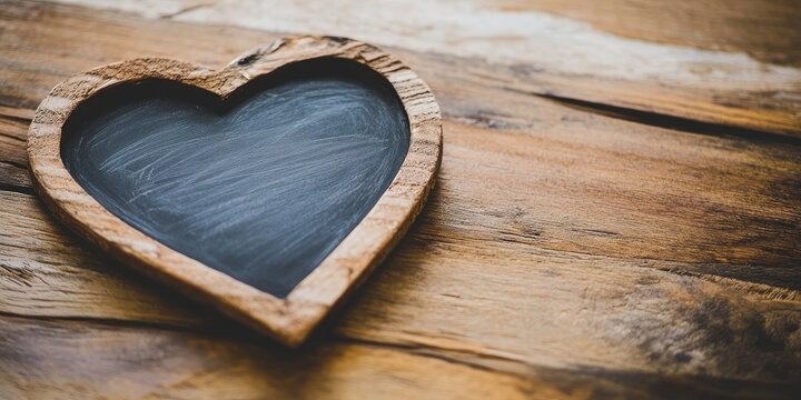 Heart-shaped chalkboard with a rustic wooden frame placed on a textured wooden surface, featuring warm brown tones and a natural setting.