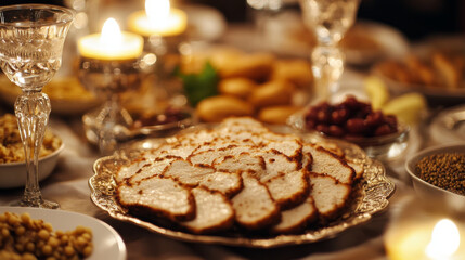Fototapeta premium Jewish cuisine kosher dinner with dessert icon of chickpea falafel, lamb stew with dried fruits, stuffed chicken, beef bean stew, chicken breast with almond, sweet and sour beef, poppy seed cookie