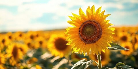 Obraz premium Vibrant sunflower field under a blue sky with soft clouds featuring a large sunflower in focus against a backdrop of blurred blooms