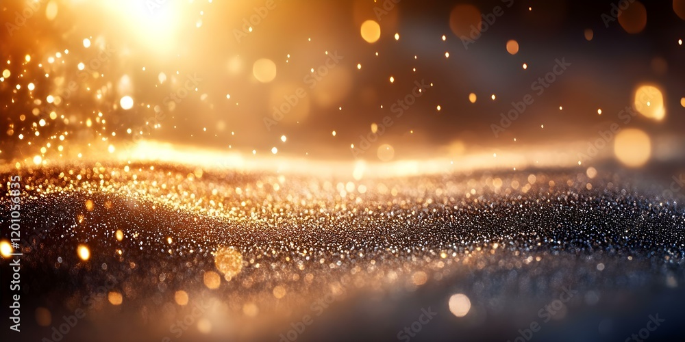 Poster a close-up view of shimmering particles or glitter on a surface, illuminated by a warm light, creati