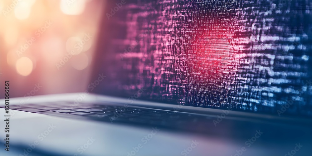 Poster a close-up of a laptop keyboard with a blurred, abstract digital display in the background, featurin