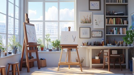 Obraz premium A tidy art studio with sketchbooks, pencils, and a small easel
