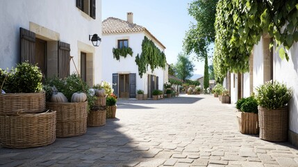 Naklejka premium Quaint village street lined with planters and greenery.