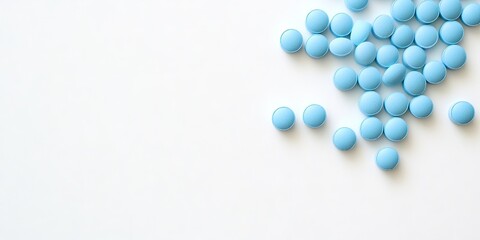 Blue pills scattered on a white surface with ample negative space on the right for text overlay, ideal for health and medication themes.