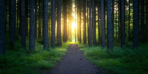 Fototapeta premium A sunlit path through a dense forest of tall trees, surrounded by lush green undergrowth. Concept Sunlit Forest Path, Tall Trees, Lush Green Undergrowth, Nature's Beauty, Tranquil Wilderness