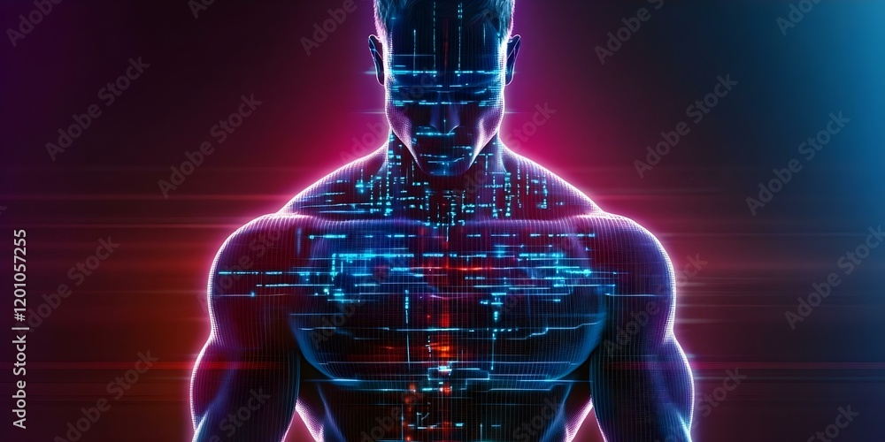 Poster a digital representation of a humanoid figure with glowing lines and a circuit-like pattern, evoking