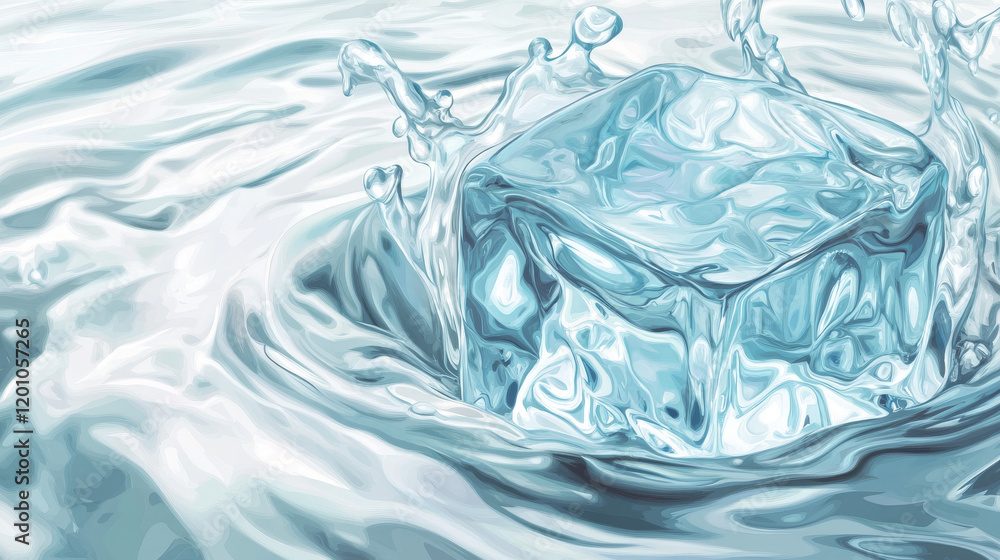 Aufkleber realistic ice cube with water splash captured in air. isolated vector detailed crystal block explode