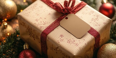 Festively wrapped gift box with red ribbon on wooden surface, surrounded by golden and red ornaments and green pine branches, empty tag for personalization