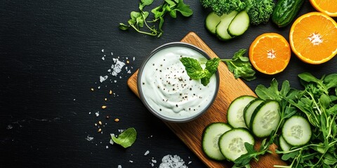 Fresh Greek yogurt salad dressing in a bowl on a wooden cutting board surrounded by greens cucumber and oranges on a black countertop viewed from above