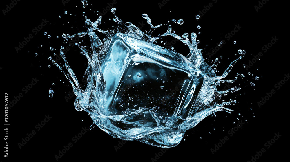 Poster realistic ice cube with water splash captured in air. isolated vector detailed crystal block explode