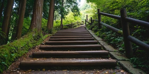 Fototapeta premium Wooden hiking stairs ascending through lush green forest with mossy edges and towering trees on either side under soft natural light