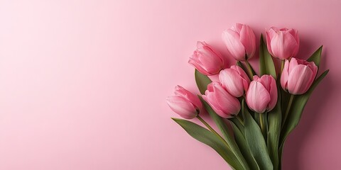 Naklejka premium Pink background featuring a bouquet of pink tulips on the right side with green leaves ideal for Valentineâ€™s Day or Motherâ€™s Day card design.